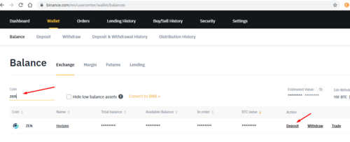 get ZEN wallet address at binance exchange