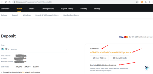 get ZEN deposit and withdrawal wallet address at binance exchange